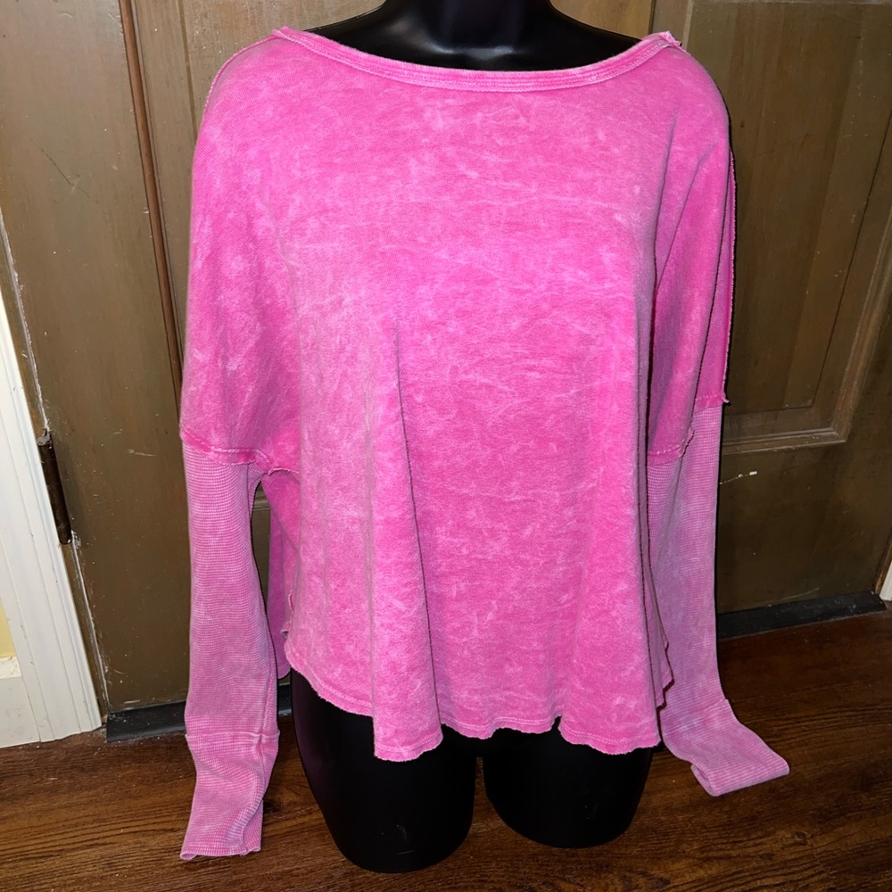 3/$18 Aerie Oversized Pink Contrast Dolman Knit Long Sleeve Pullover Tee Size L - Picture 2 of 14